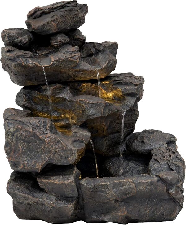 Fontaine de Jardin Cascade Électrique Extérieure Polyresine Gris 3 Lumières LED Blanc Chaud Pompe à Brancher Câble de 7 m Statue Droit Décor Maison Terrasse Rustic Rapids [Brosse de Nettoyage INCLUS]