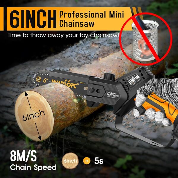 SWANSOFT Scie à chaîne professionnelle sans fil 6 ', mini scie à chaîne à une main avec batterie au lithium 16,8 V 2X4 ah pour couper le bois, les fruits et les olives