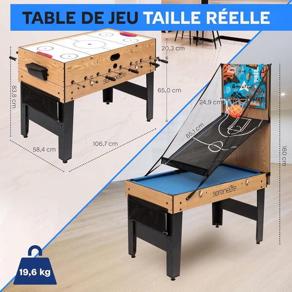 SereneLife Table Multi-Jeux 2-en-1/4-en-1/5-en-1 – Baby-Foot, Air Hockey, Ping-Pong, Billard, Shuffleboard – Table de Jeux d’Arcade Familiale, Accessoires Inclus (sur Pied)