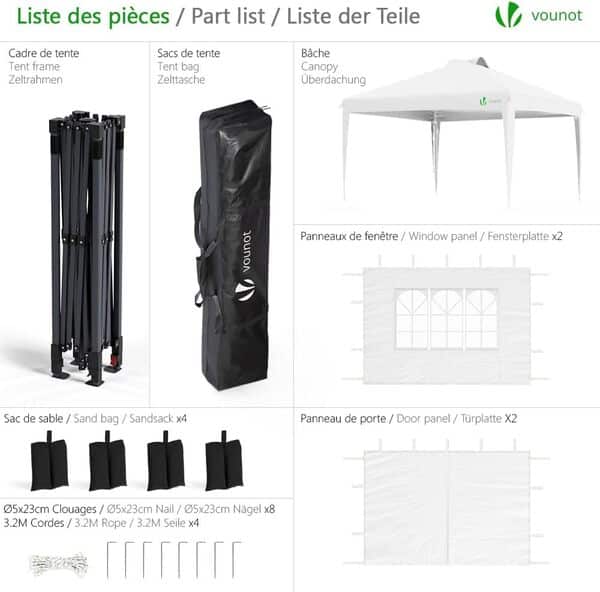 VOUNOT® Tonnelle de Jardin 3x3m Pop up Tente Pliable avec Parois Imperméable Anti UV Respirable Hauteur Réglable avec Sac de Transport Installation Facile Blanc