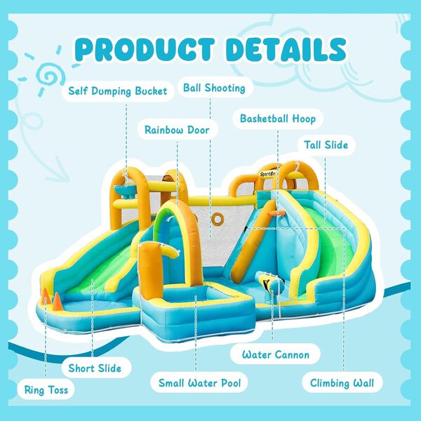 SportBob Chateau Gonflable avec Toboggan Double, Aire de Jeux Gonflable pour Enfants, Parc Aquatique Gonflable avec Piscine d'Éclaboussures, pour Le Jardin, en Extérieur et en Intérieur