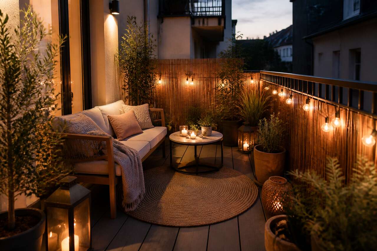 Rendre le balcon plus cosy : brise-vue, sol, textiles et éclairage Rendre le balcon plus cosy : brise-vue, sol, textiles et éclairage